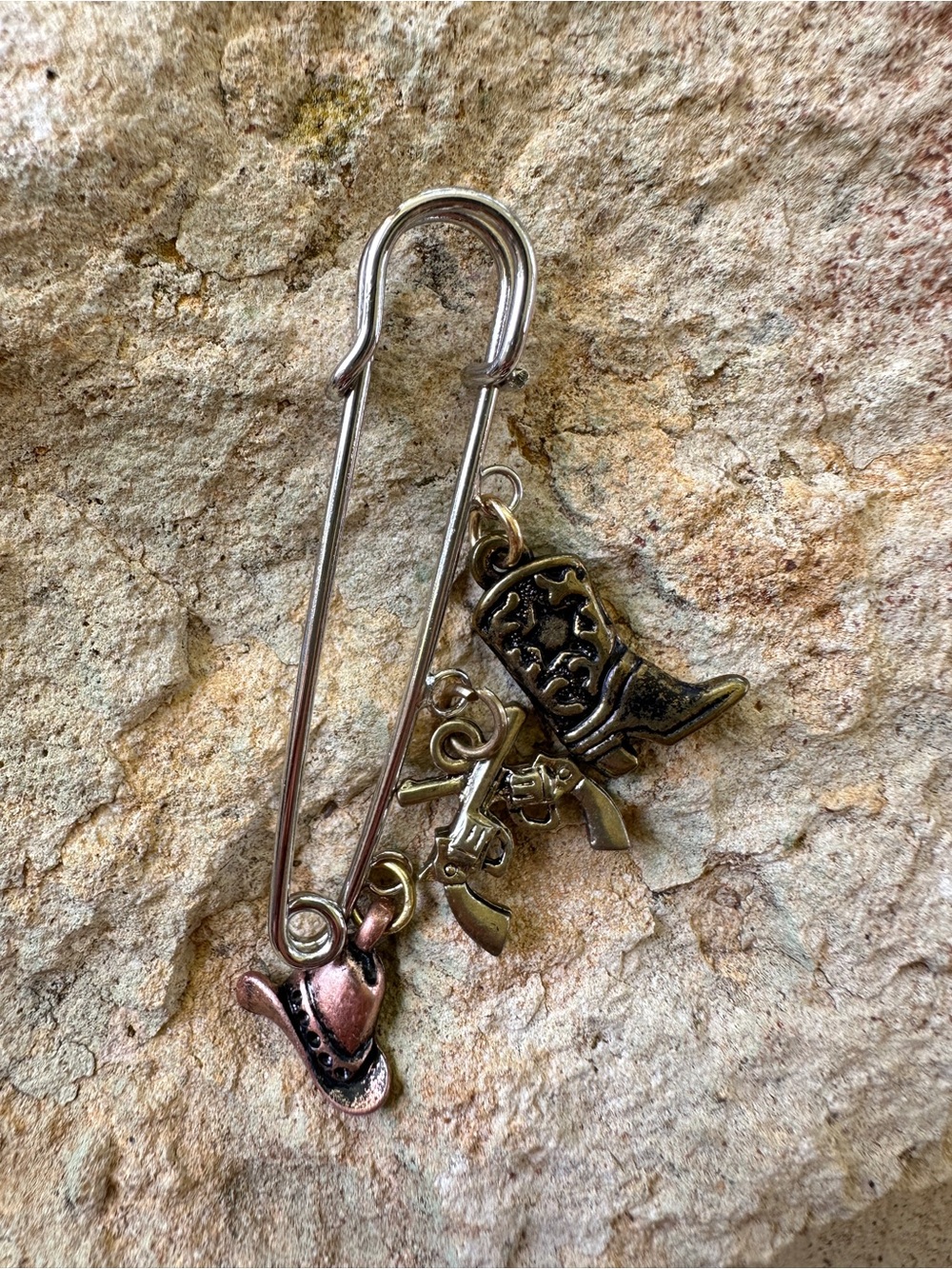 Western Charm Safety Pin Brooch in Mixed Metal